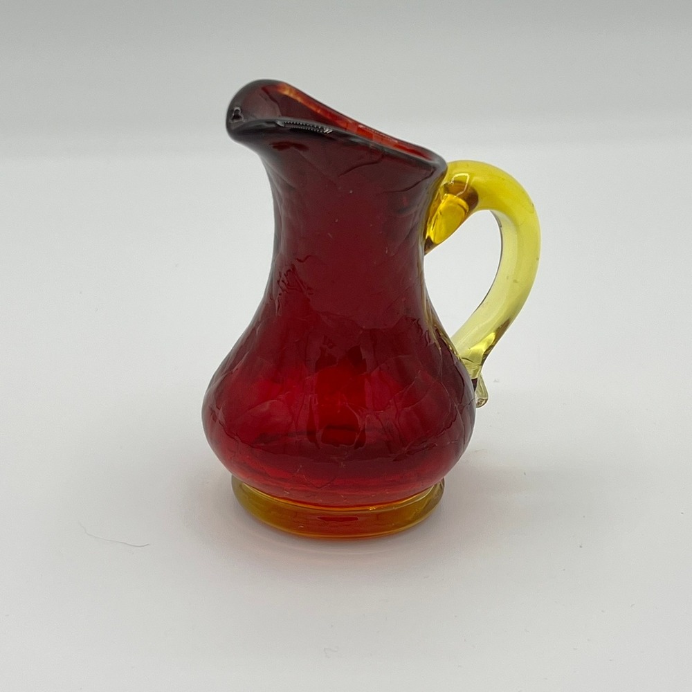 Vintage MCM Kanawha Amberina Crackle Glass‎ Miniature Pitcher Amber Handle 3.5"